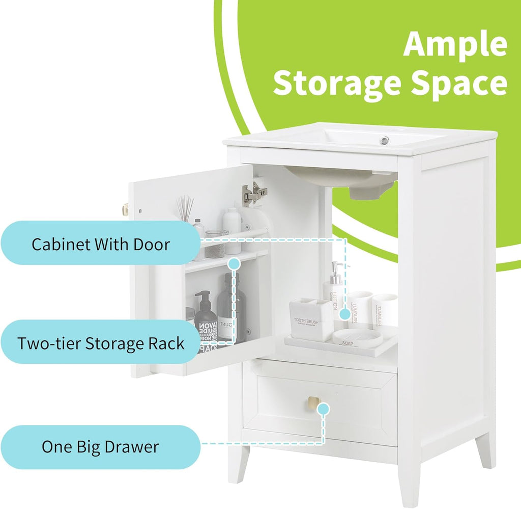 20-inch Solid Wood Bathroom Vanity with Sink, Free Standing Cabinet, Soft Closing Door, Storage Rack