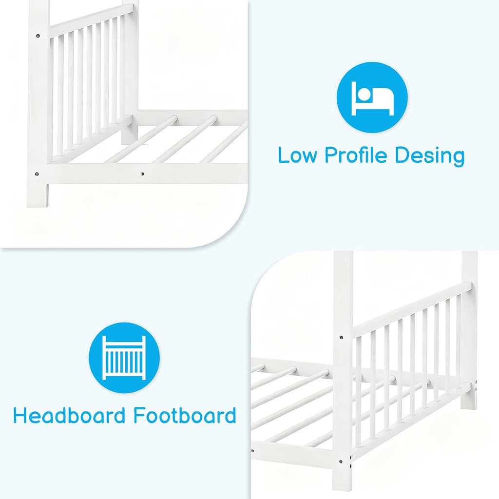 Twin Size Metal Toddler Floor Bed with Slats & Fence, White | Metal Montessori Bed, Roof/House/Canopy Bed Frame for