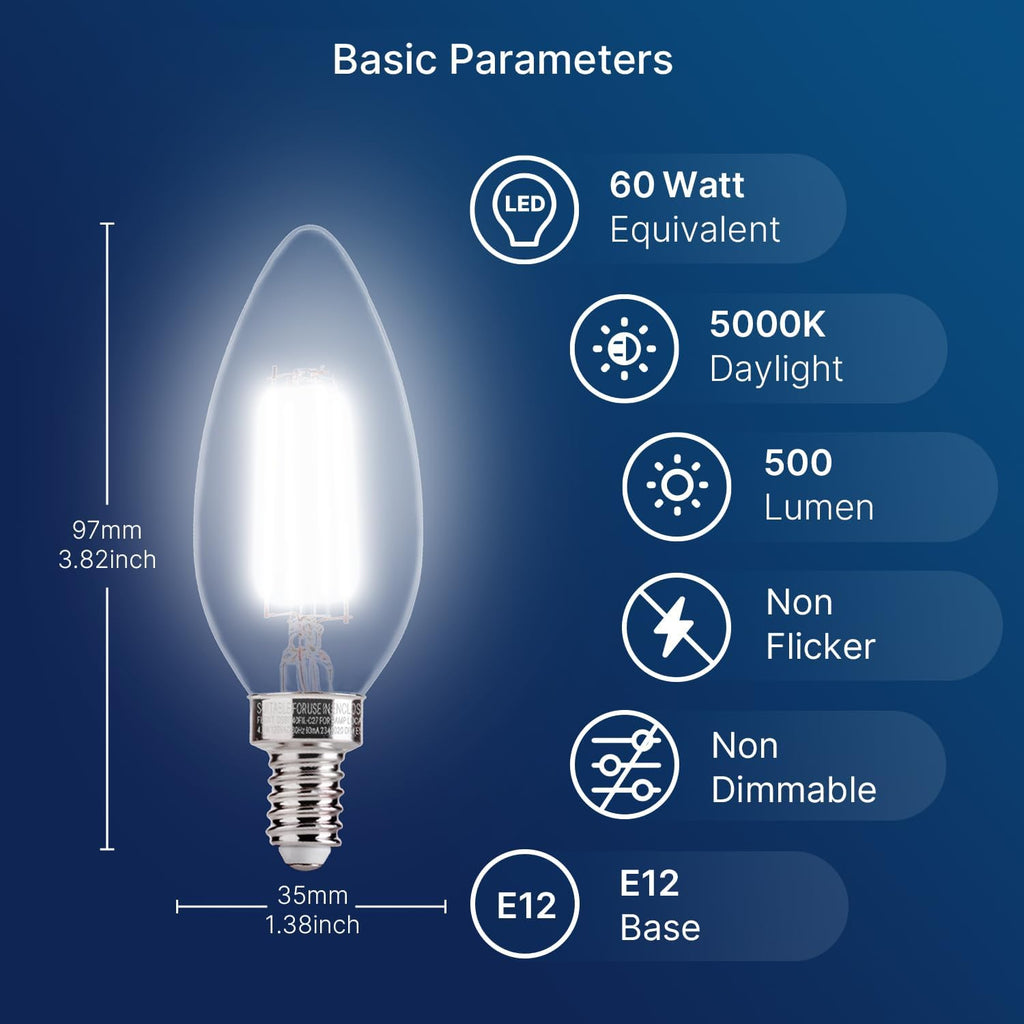 60W Equivalent LED Chandelier Light Bulbs, E12 Base, Clear B11 LED Filament Candelabra Bulbs, 5000K Daylight, 500LM