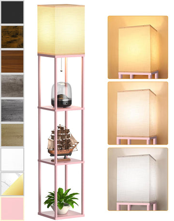 Pink Floor Lamp with Shelves, Shelf Floor Lamp with 3 CCT LED Bulb, Corner Display Standing Column Lamp Etagere