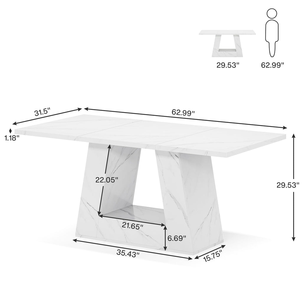 Dining Table for 4 to 6 People, 63" Rectangular Dining Room Table, Modern Wooden Faux Marble Dinner Table with Sturdy