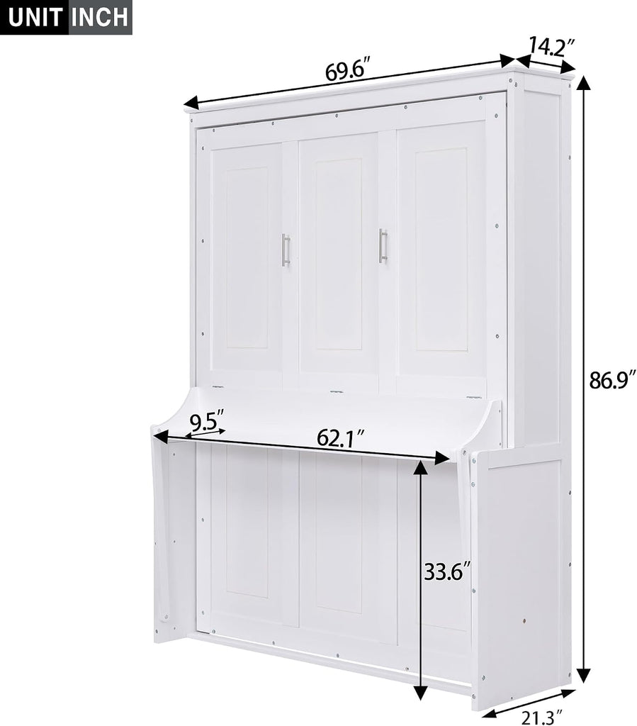 Queen Murphy Bed with Desk, Wood Hideaway Wall Bed Cabinet with Storage Shelves, Space-Saving Vertical Murphy Bed