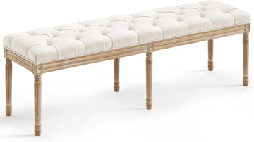 60" Fabric End of Bed Bench, Upholstered Tufted French Bedroom Bench with Carved Legs End of King Size Bed, Living