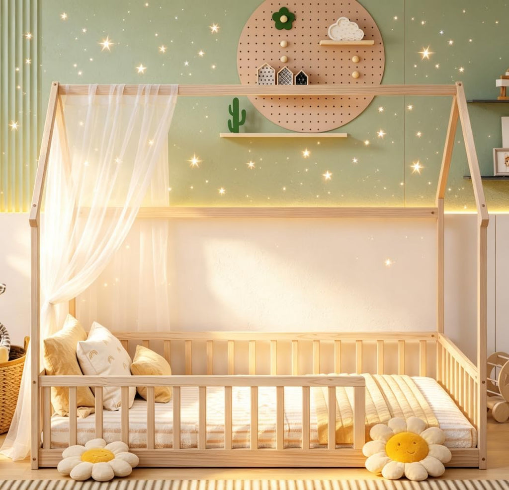 Twin Size Kids Bed Frame with Rails, Twin Montessori beds for Kids, House Bed for Boys Girls, Natural