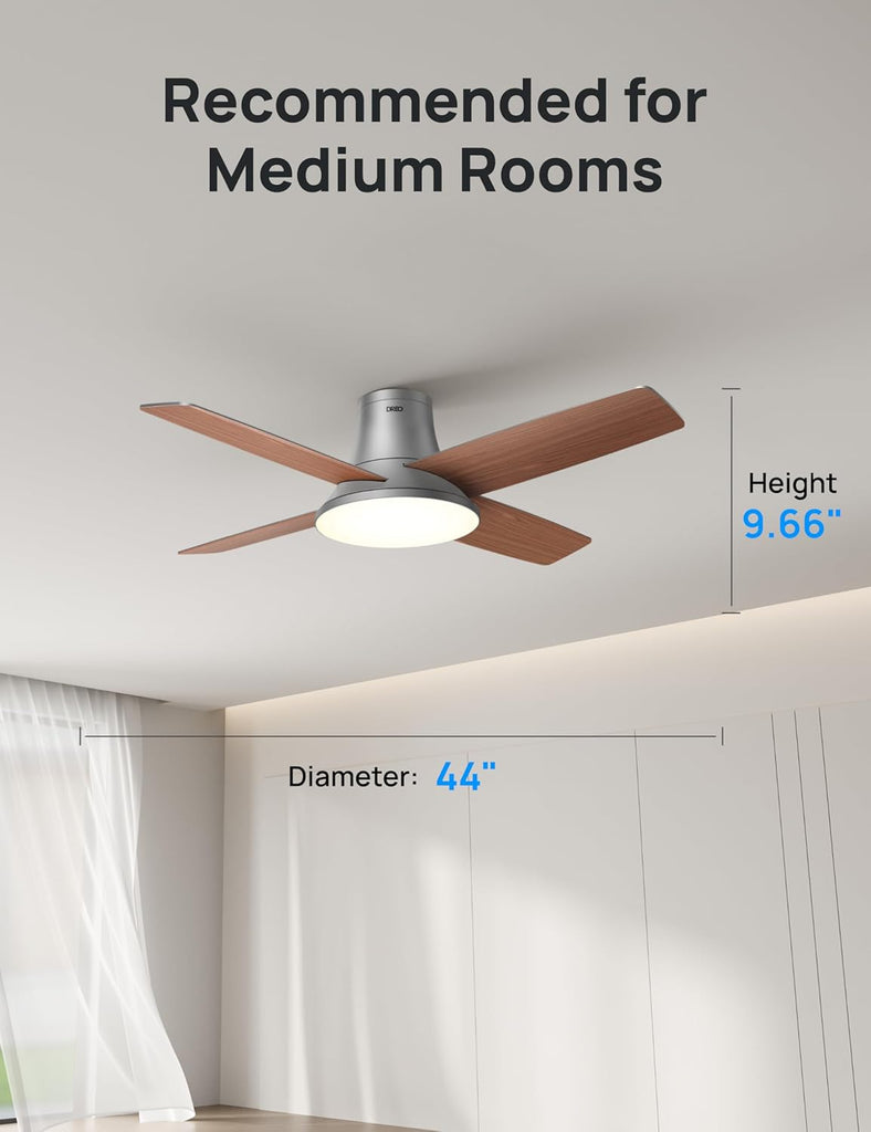 Ceiling Fan, 44 Inch Low Profile Ceiling Fan with Light and Remote, 5CCT LED, 6-Level Dimmable, 6-Speed