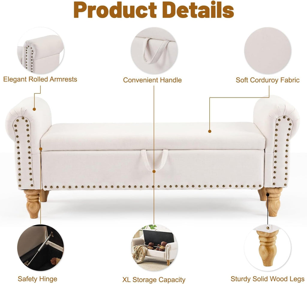 55" Linen Storage Bench, Queen End of Bed, Off-White | Linen Upholstered, Bedroom/Entryway/Closet, Storage Ottoman