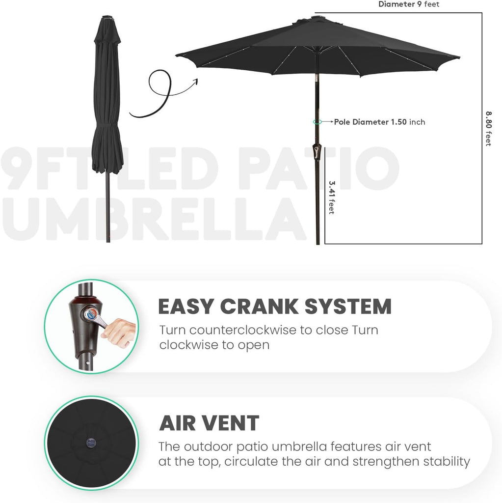 9FT Outdoor Patio Umbrella with Solar Lights, LED Lighted Pool Umbrella with Tilt and Crank - Jet Black