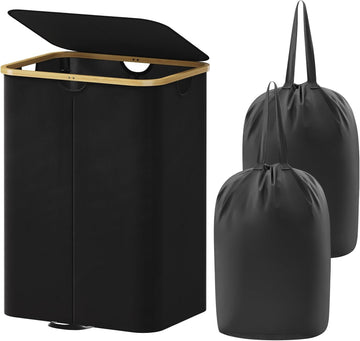 150L Double Laundry Hamper with Lid, Large Laundry Basket with Removable Bag & Bamboo Handles, Fodable Tall Dirty