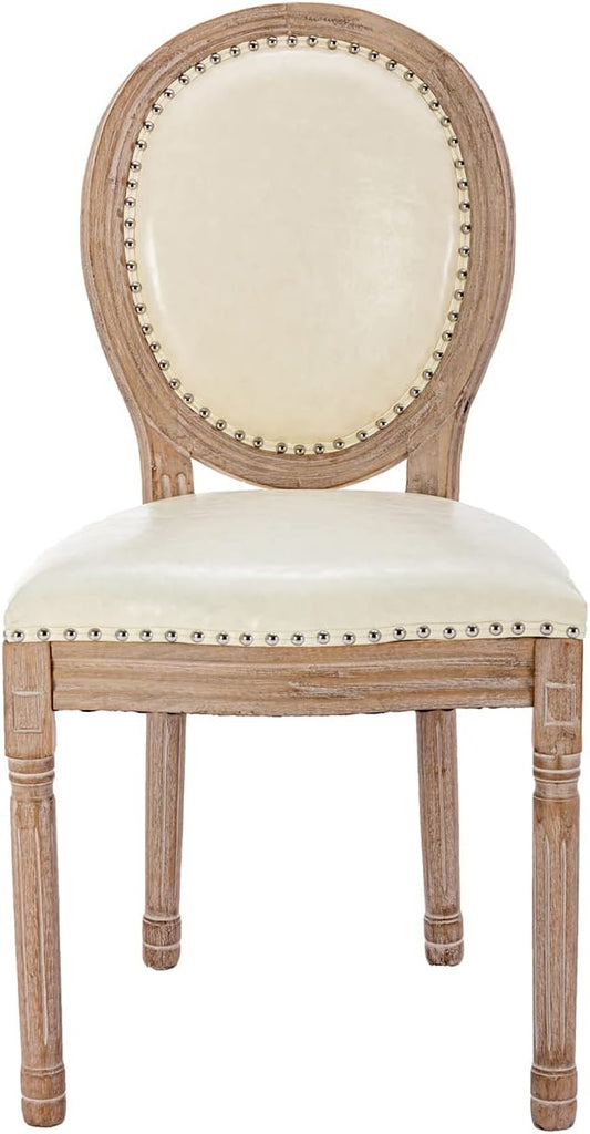 French Country Dining Chairs Set of 2, Upholstered Leather Dining Room Chairs with Round Back and Solid Wood Legs