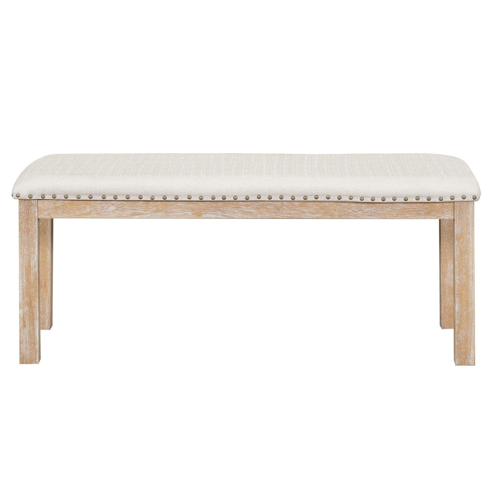 Extendable Dining Table Set with Bench and Upholstered Chairs, Natural+Beige