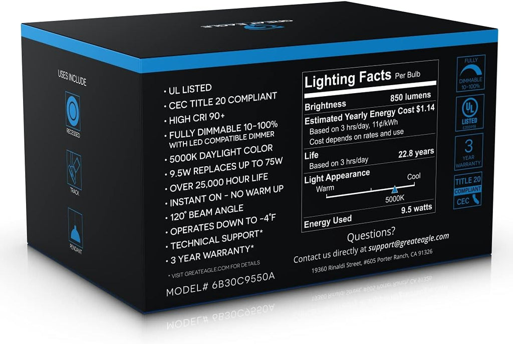 BR30 LED Light Bulb, 9.5W (75W Equivalent), Dimmable, 850 Lumens, 5000K Daylight, High CRI 90+, E26 Base, Indoor - Set of 6