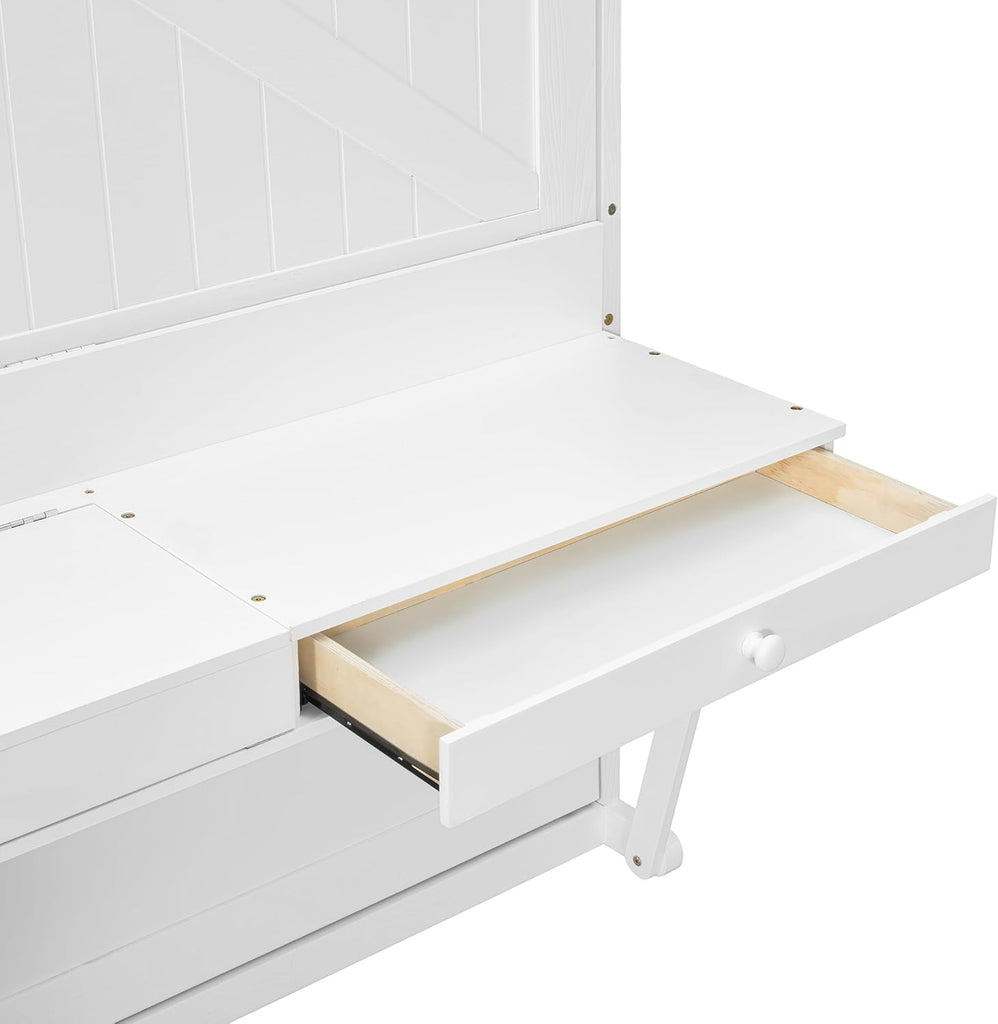 Wall Murphy Bed with Storage, Foldable Cabinet Bed with Vanity Desk, Center Mirror & 2 Side Drawers, Queen, White