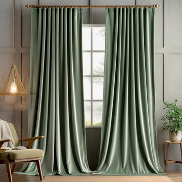 Sage Green Velvet Pinch Pleat Blackout Curtains W52 X L108 Inches