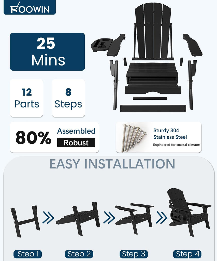Folding Adjustable Adirondack Chair with Ottoman Set of 2 | HDPE Adirondack Chairs w/4 in 1 Cup Holder
