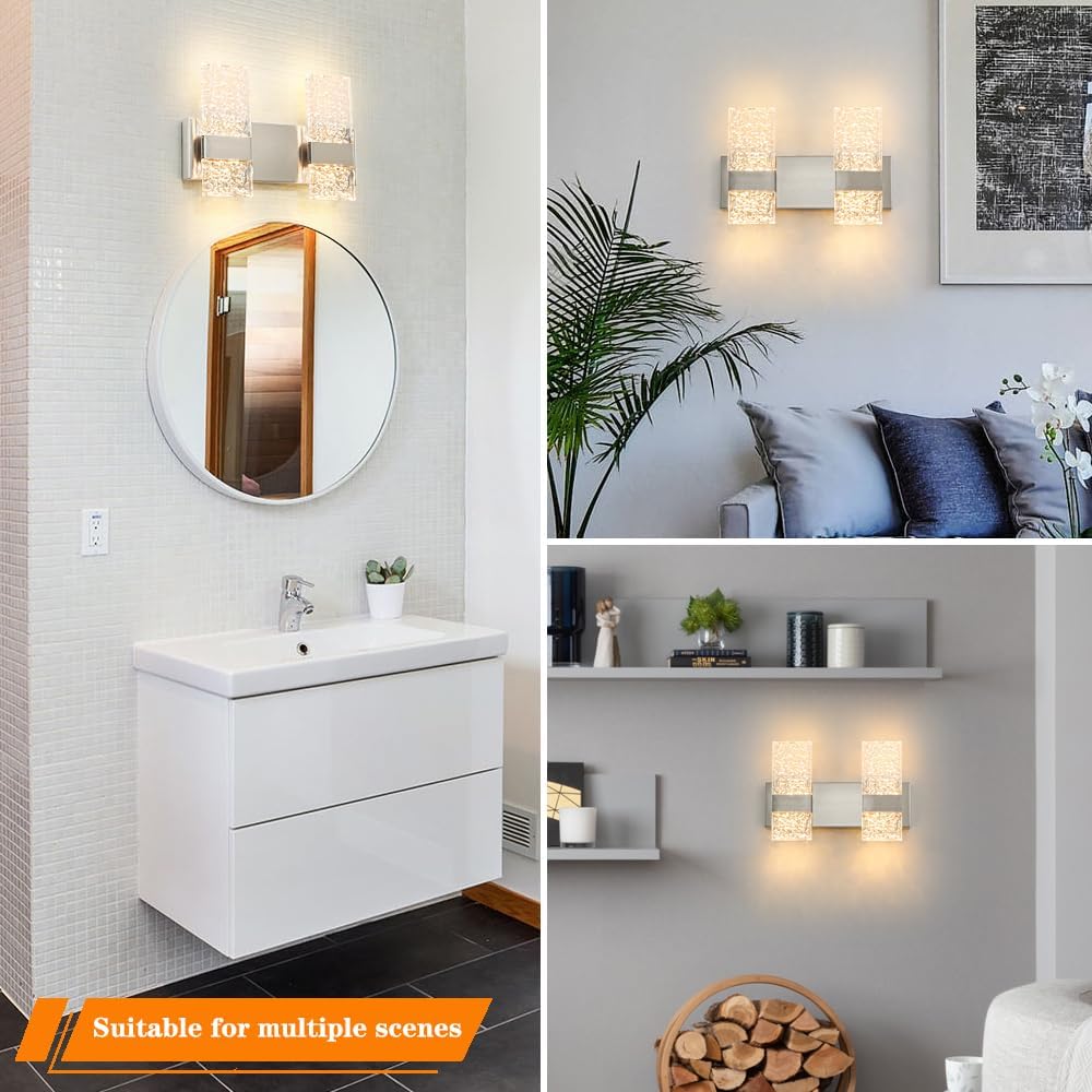 Modern Brushed Nickel 2 Lights Bathroom Vanity Light, LED Bathroom Light Fixtures Over Mirror, Dimmable Acrylic Wall