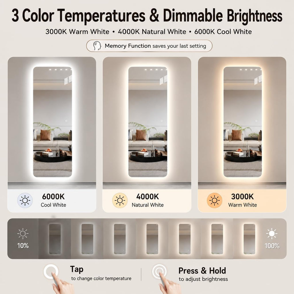 65" L x 24" W Rectangular Frameless LED Full Length Mirror with Lights, Rounded Corner Full Body Wall