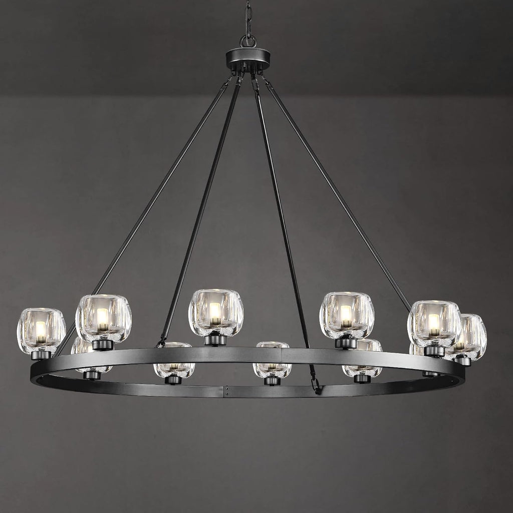 Black Wagon Wheel Chandelier, 48 Inch Black Chandeliers with Unique Glass Shade, 12-Light Crystal Large Wagon Wheel Chandeliers for Dining Room, High Ceiling Round Chandelier for Living Room, Foyer A126-B0DT4DHYL1