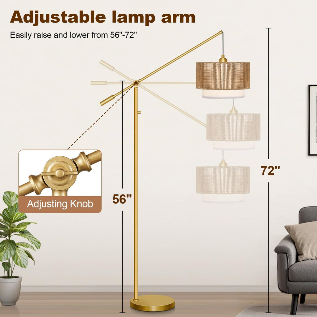 【Upgraded】Arc Floor Lamp, Boho Dimmable Swing Arm Floor Lamp with Rattan & Fabric Shades