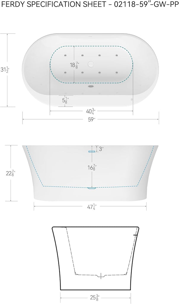 Mauritius 59 Inch Acrylic Freestanding Whirlpool Bathtub, Oval with 8 Air Water SPA Jets Morden White Stand Alone