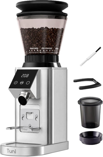 G1 Conical Burr Coffee Grinder with 48 Grind Settings, Silver | Anti-static Burr Espresso Mill, Electronic Timer and