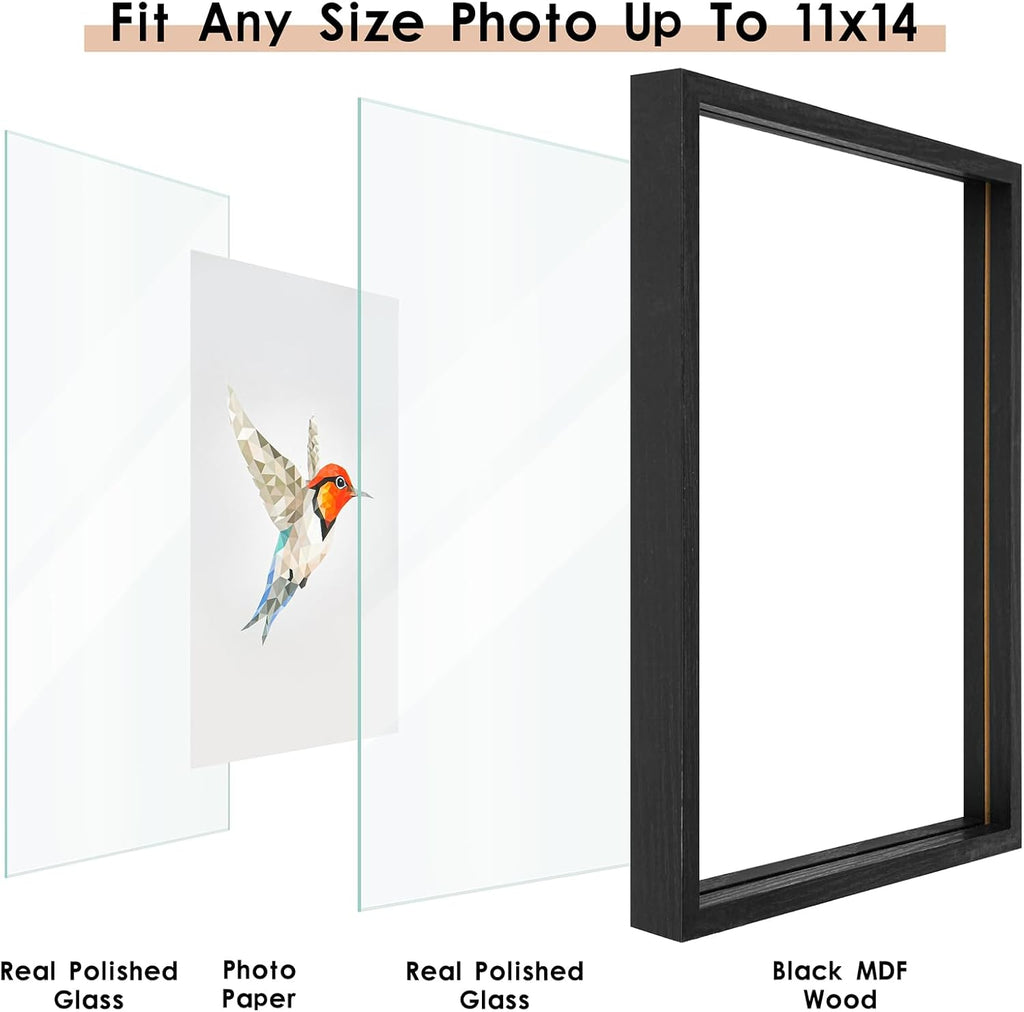 11x14 Floating Frames Set of 2,Double Glass Picture Frame Display Any Size Photo up to 11x14,Wall Mount or Tabletop