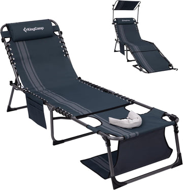 400LBS Lounge Chair with Face Hole & Canopy Shade, Blue/Grey | Folding Portable Tanning Chair with Pinch-Proof Safety