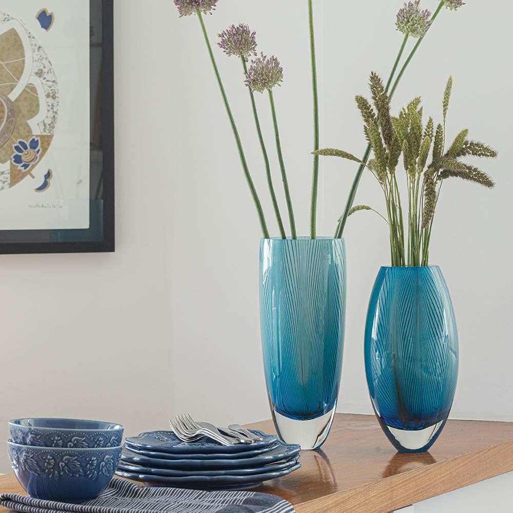 Murano Style Glass Vase Hand Blown Blue Feather Pattern Effect Home Decor