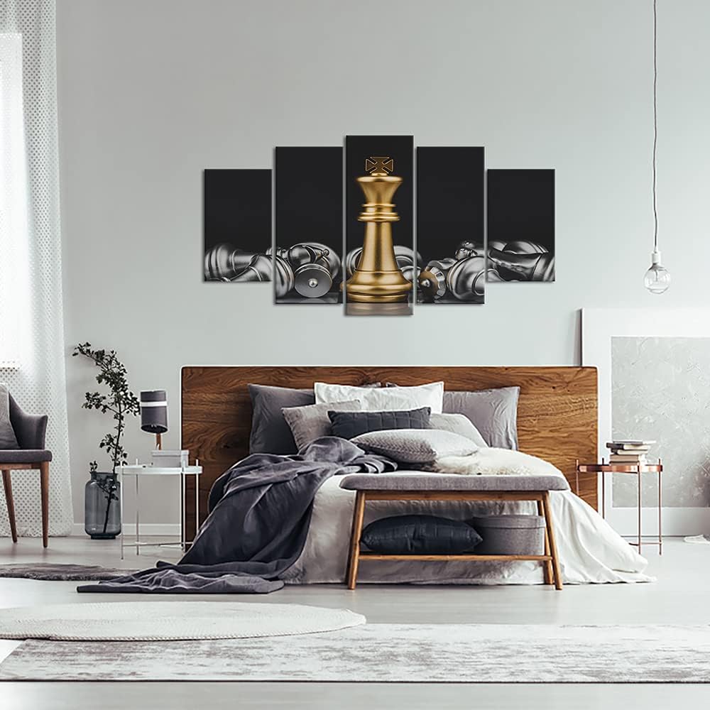 5 Panel Chess Canvas Wall Art Prints King and Knight Game Picture Painting Black and Gold Artwork Decoration Ready to