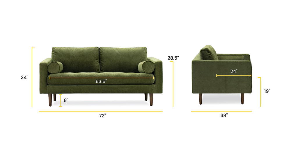 & BARK Napa 72" Modern Mid-Century Feather Down Apartment Sofa in Distressed Green Velvet