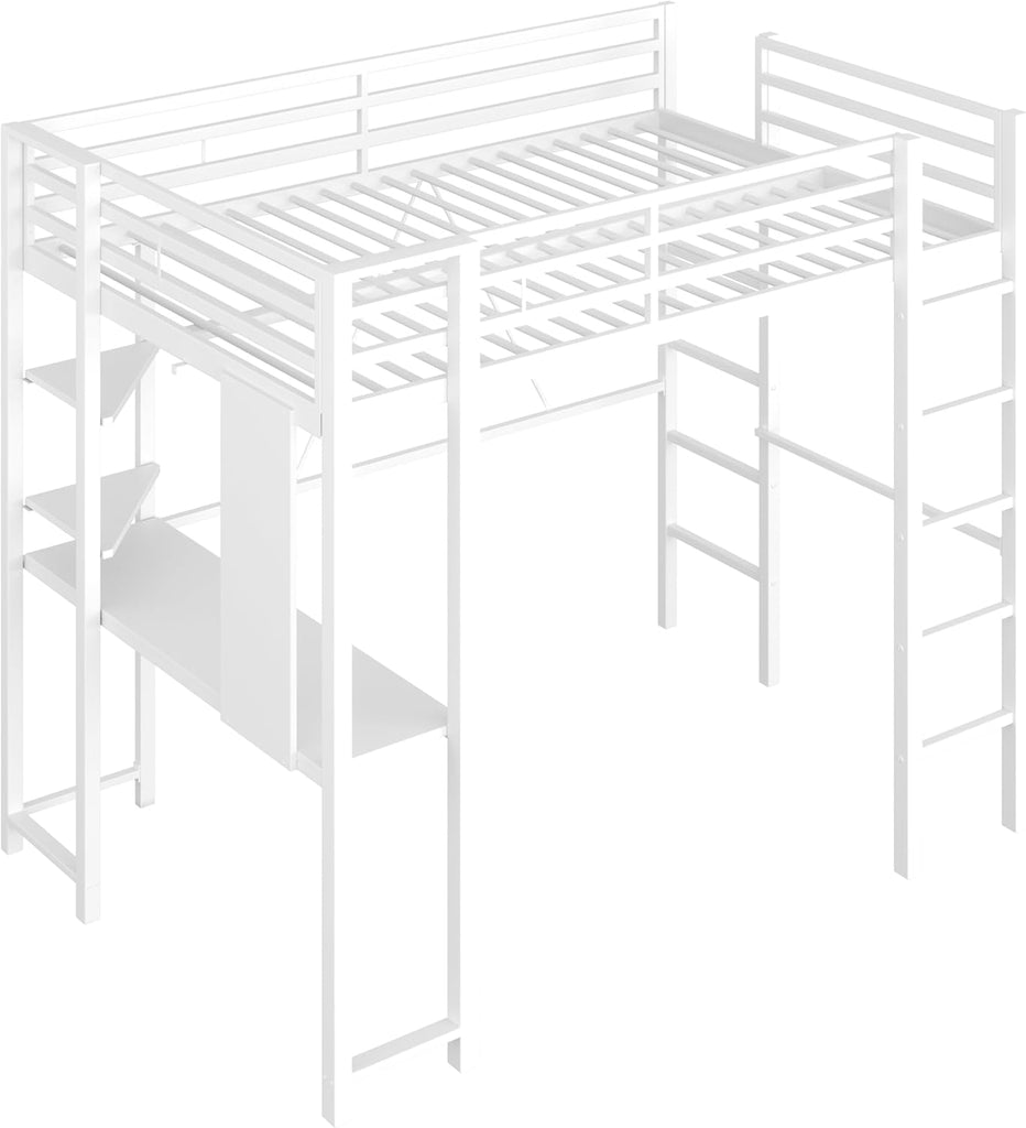 Full Loft Bed with Desk, Metal Frame with 2 Side Ladders, Storage Shelves, Safety Guardrail