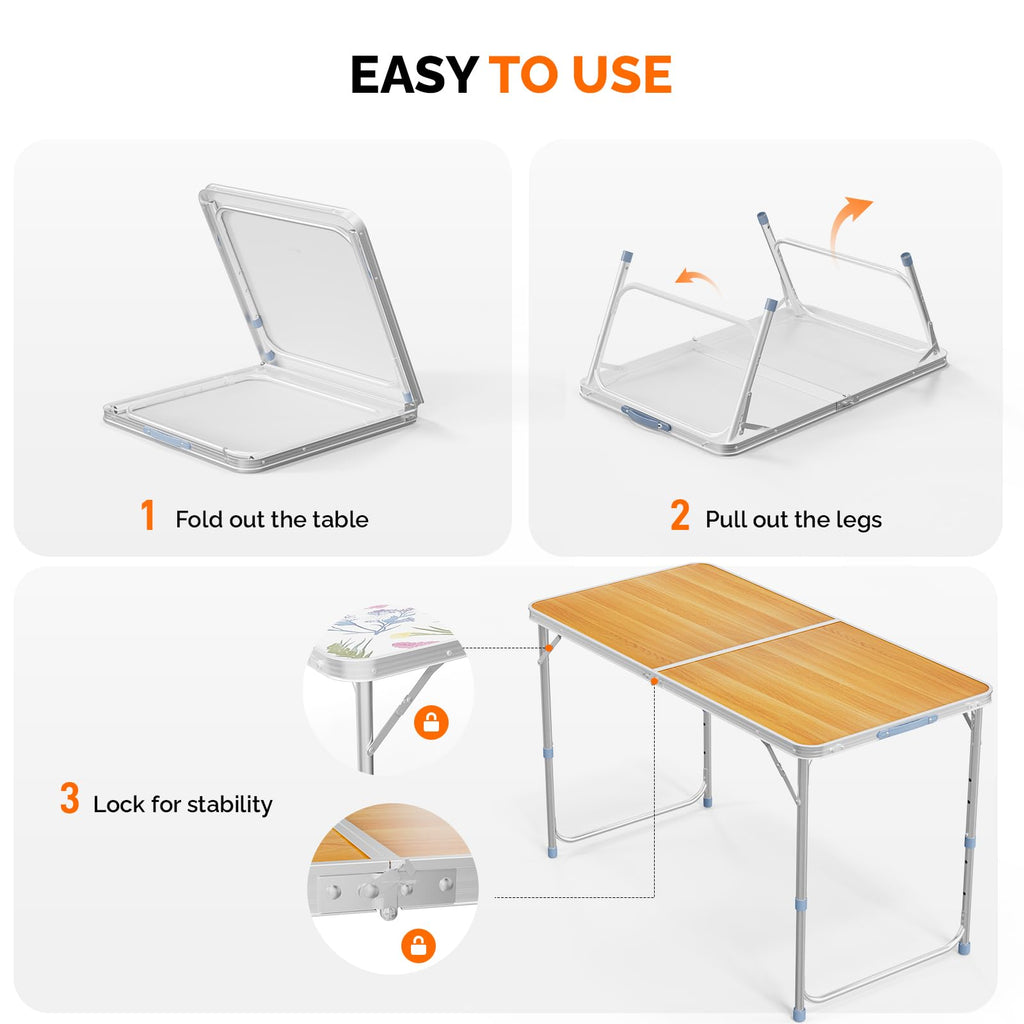 4FT White Folding Table with Carrying Handle Height Adjustable Lightweight Fold Up Portable for Indoor Outdoor