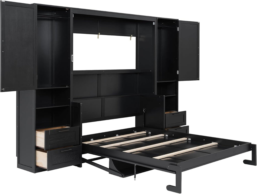 Queen Murphy Bed with Desk, Multifunctional Foldable Wall Bed with Closet, Drawers and Shelves, Space-Saving Wood Bed