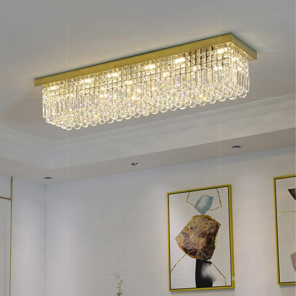 Rectangular Chandelier, Modern Dining Room Light Fixture with Raindrop Chandelier Crystals, 8 Lights Flush Mount