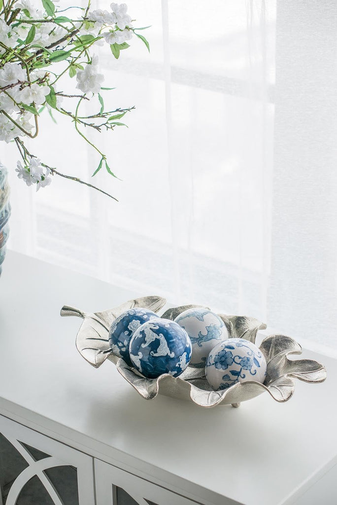 Set of 4 Ceramic Decorative Spheres - Handcrafted Blue and White Coastal Floral Orbs Decor, Tabletop Accent, Shelf