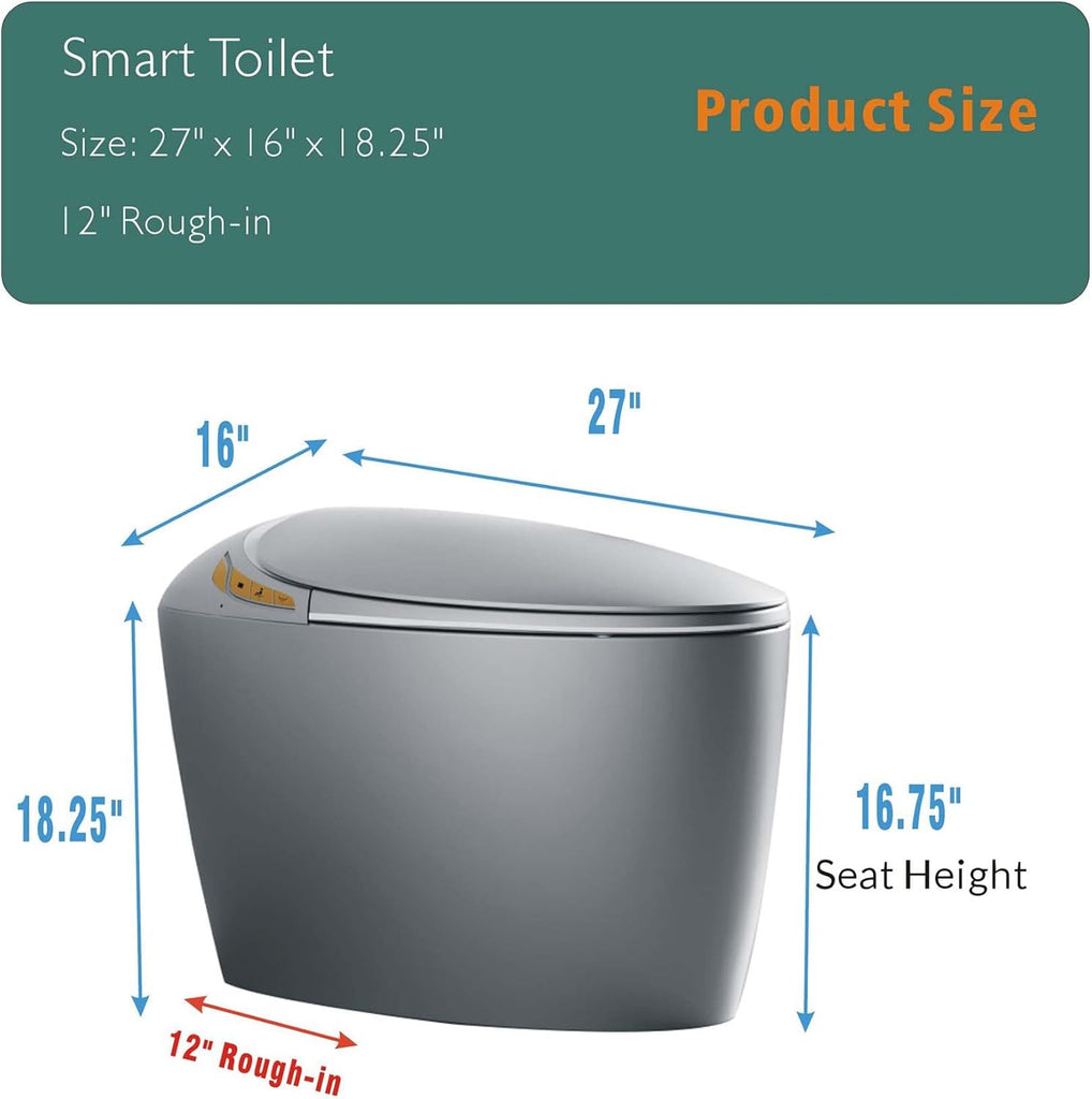 Grey Smart Toilet with Bidet Built In, Luxury Elongated Electric Toilet with Heated Seat&Foot Sensor
