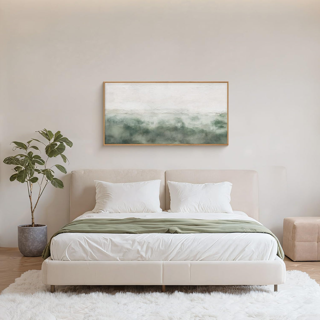 Large Abstract Grey Green Framed Canvas Wall Art,Watercolor Neutral White Wall Decor,Modern Pastel Wall