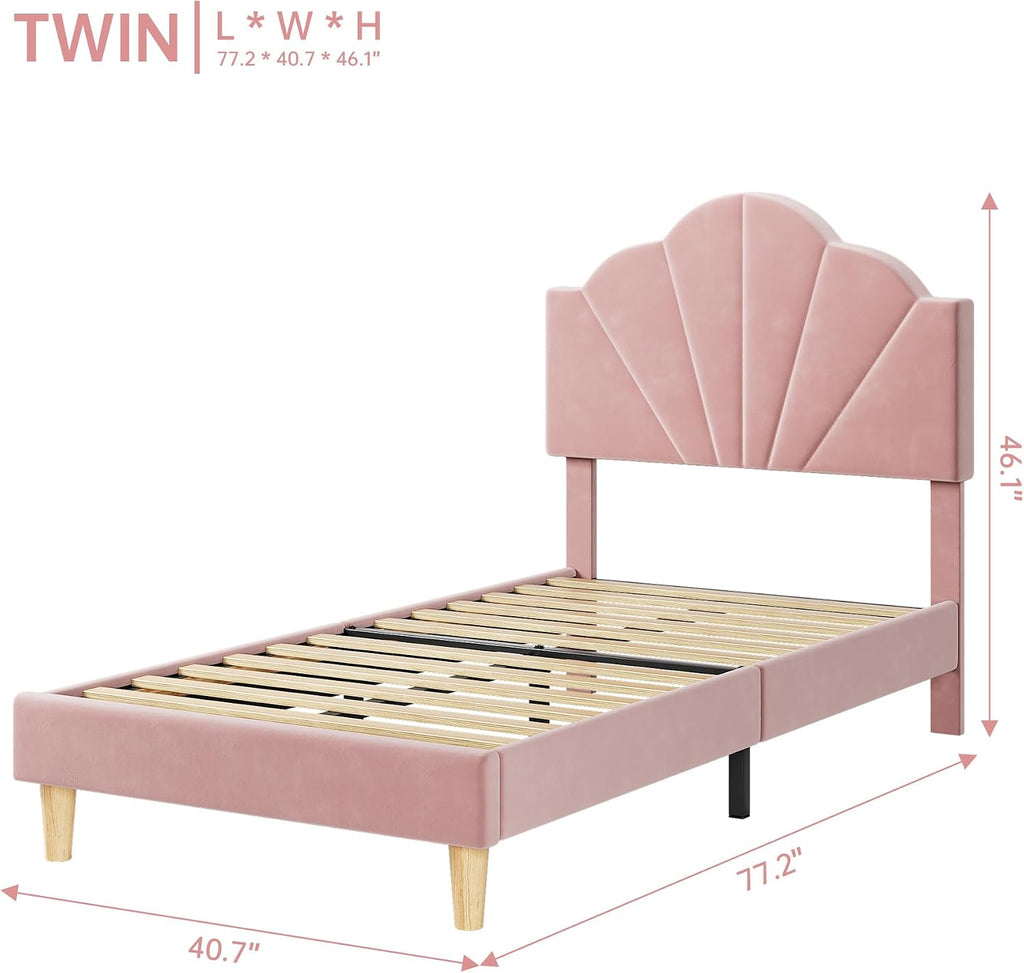 Twin Bed Frame, Velvet Upholstered Platform Bed Frame with Height Adjustable Headboard for Boys & Girls, Wood Slat