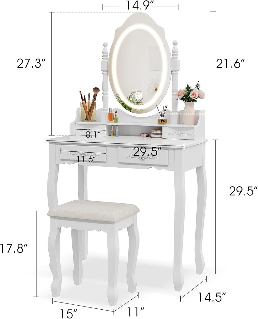 Vanity Desk with Mirror and Lights, Makeup Table with Cushioned Stool Set | Modern Vanity with 4 Drawers, 3 Color