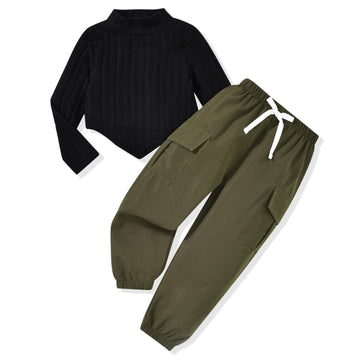 Toddler Little Girls 2 Piece Fall Winter Outfits Long Sleeve Mock Turtleneck Rib Knit Top Cargo Jogger Pants
