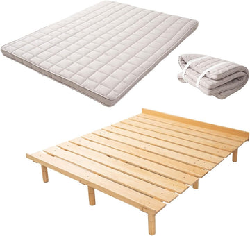 Japanese Futon Mattress & Wood Slatted Bed Set Machi-(Earth-Natural), Solid Pine 3-Heights Adjustable