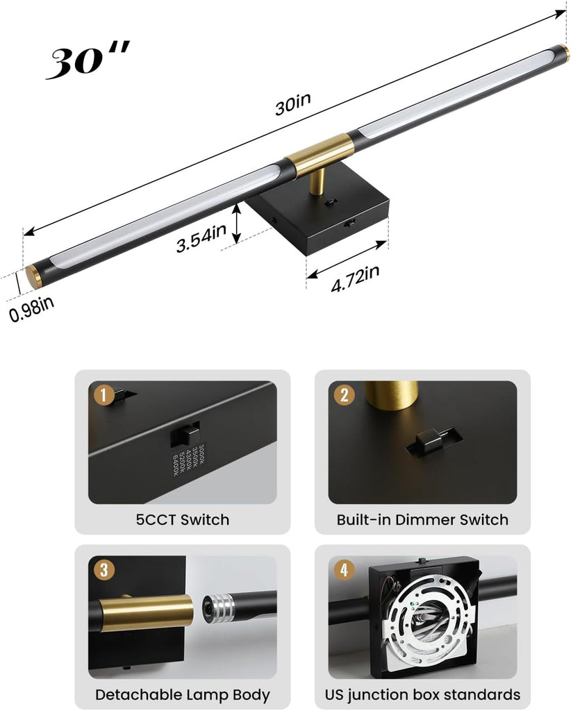 Black Gold Vanity Light Fixtures Over Mirror 30 inch LED Bath Sconces IP44 5CCT Adjustable Morden Picture Lights for