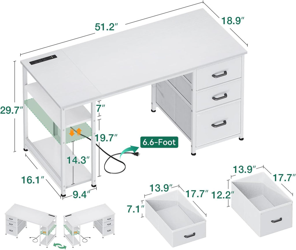 51 Inch Computer Desk with Drawers & USB Power Outlets