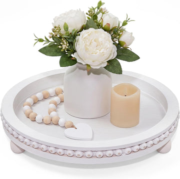 11.8 Inch Round Wooden Decorative Tray, Distressed White Farmhouse Beaded Tray for Coffee Table, Rustic Wood