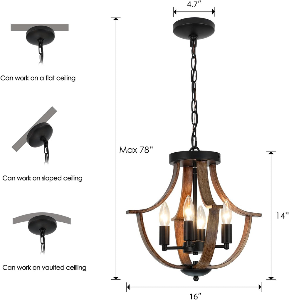 Farmhouse Hanging Pendant Lighting, 4-Light Rustic Flush Mount Ceiling Light Fixture,Modern Faux Wood Vintage