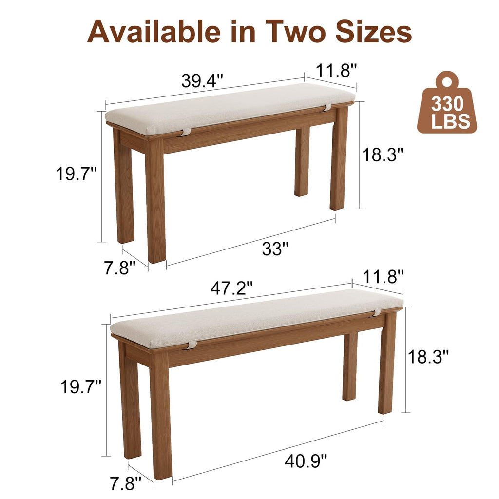 47.2" Solid Wood Dining Bench with Removable Cushion - Mid-Century Modern Entryway Bench, Extra Height Upholstered