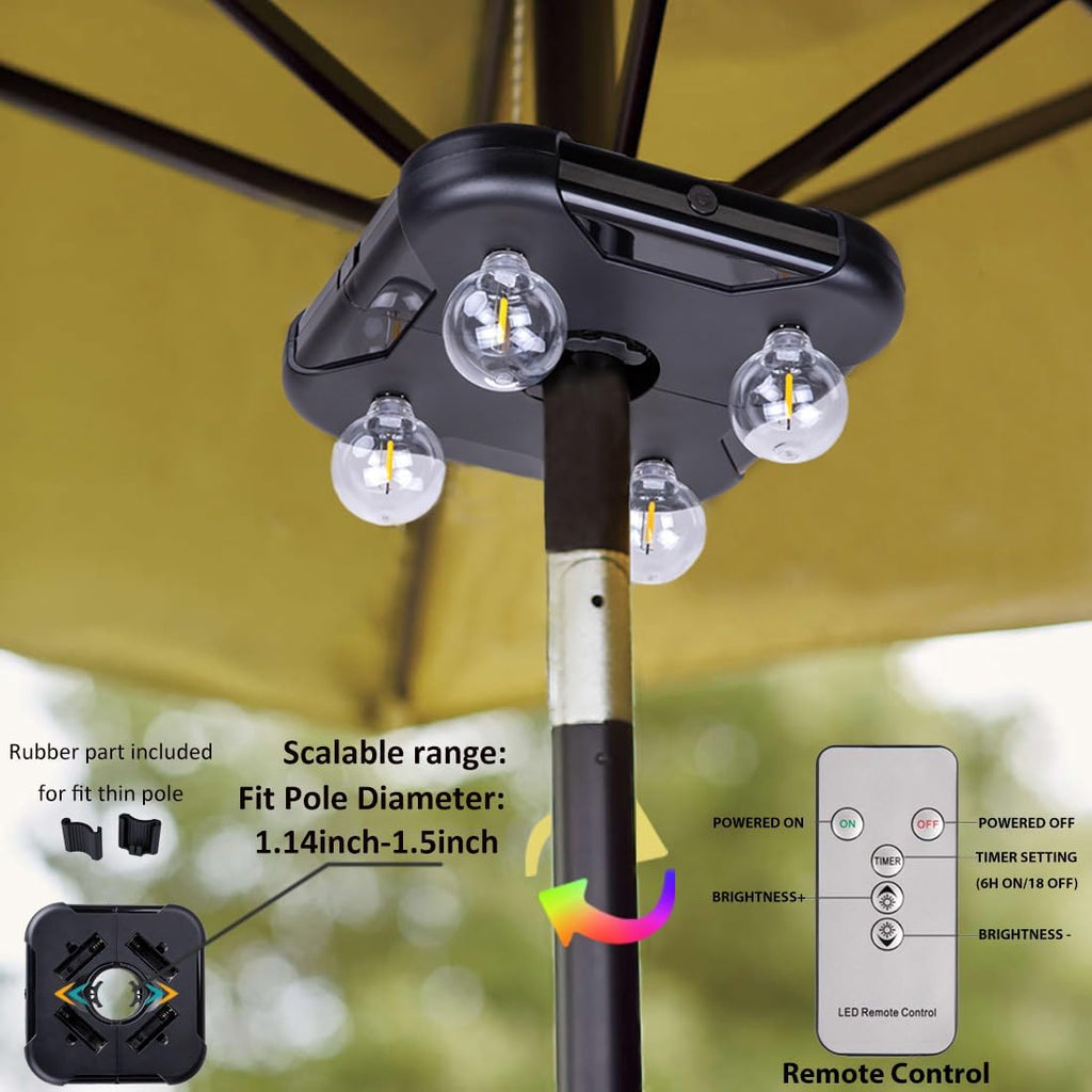 Battery Operated Patio LED Umbrella Light with G40 Bulbs, 3 Brightness Cordless Umbrella Pole Lights Tents
