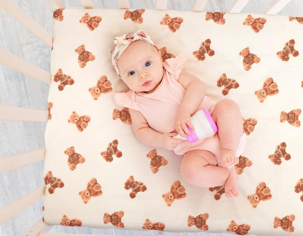 Fitted Baby Neutral Crib Sheets Bear and Buffalo Check Plaid Breathable Unisex Baby Standard Crib Sheet Set for Boys