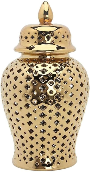 Ceramic Ginger Jar with Lid Lattice Decorative Temple Jar Cut Out Ceramic Vase and Kitchen Decoration Golden 22x10cm