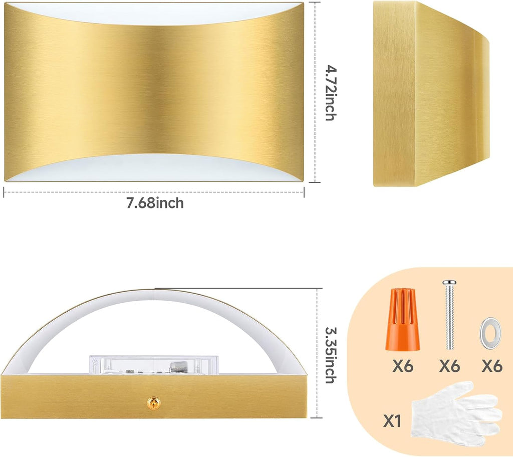 Modern LED Wall Sconce Set of 2, Gold Indoor Wall Lighting Fixture with 3 Colors Temperatures, 10W Up/Down Hardwired