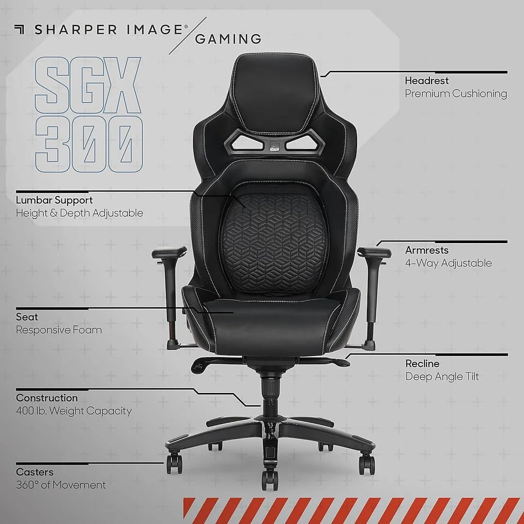 Sharper Image SGX300 Faux Leather Ergonomic Racing Gaming Chair, Black